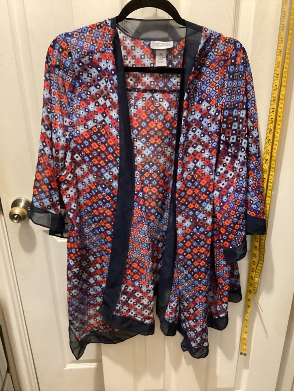 Maggie Barnes Navy-Trim Red and Blue Geometric Sheer Kimono